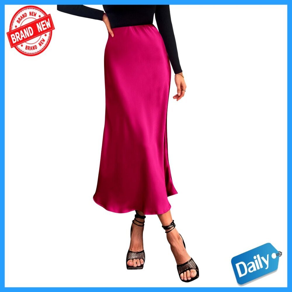 Satin Midi Skirt High Waisted A-Line Elegant Cocktail Wedding Flowy